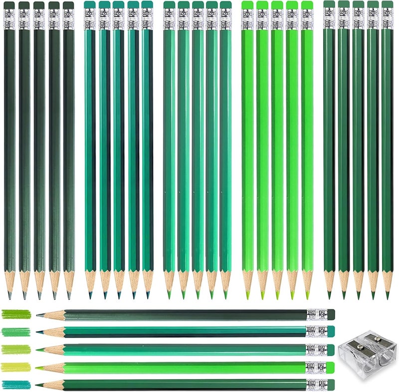 Adhere 25pcs Checking Pencils Erasable colored Pencils Pre-Sharpened #2 HB,for Checking Tests Grading,Map Coloring, editing Office Favors,including a Free sharpener. (Mixed Green) - Image 1